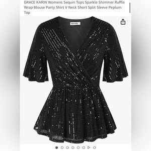 NWT Womens Large GRACE KARIN Black Sequin Sparkle Shimmer Ruffle Top